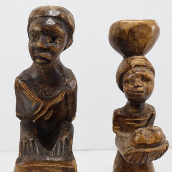 2 Vintage Primitive Figurines African Wood Carving Women Basket Tribal Folk Art - Picture 2 of 14